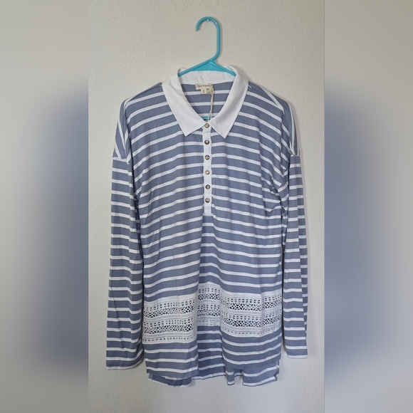 Hem & Thread Striped Long Sleeve Crochet Lace Top Blue White New Size Large - Picture 4 of 6